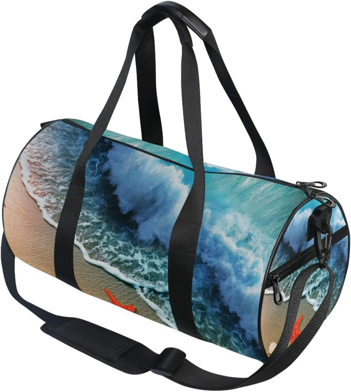 Starfish on the Beach Sand with Blue Ocean Water Waves Dolphin Duffel Bag, Foldable Canvas Travel Tote for Gym Sports with Inner Pockets, Durable Lightweight Fitness Bag for Overnight Workout