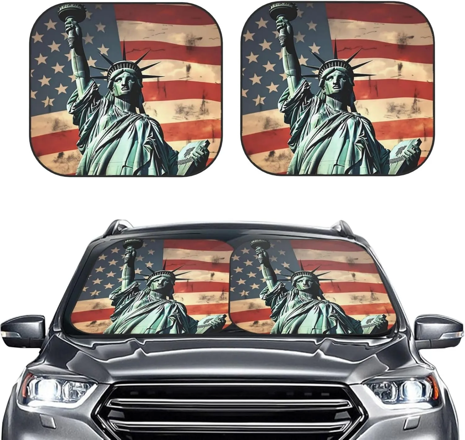Statue Liberty American Flag Windshield Sun Shade 2 PCS Foldable Car Front Window Sunshade for Sun, Heat and UV Rays Auto Sun Blocker Visor Protector with Storage Bag for Cars, SUVs Large