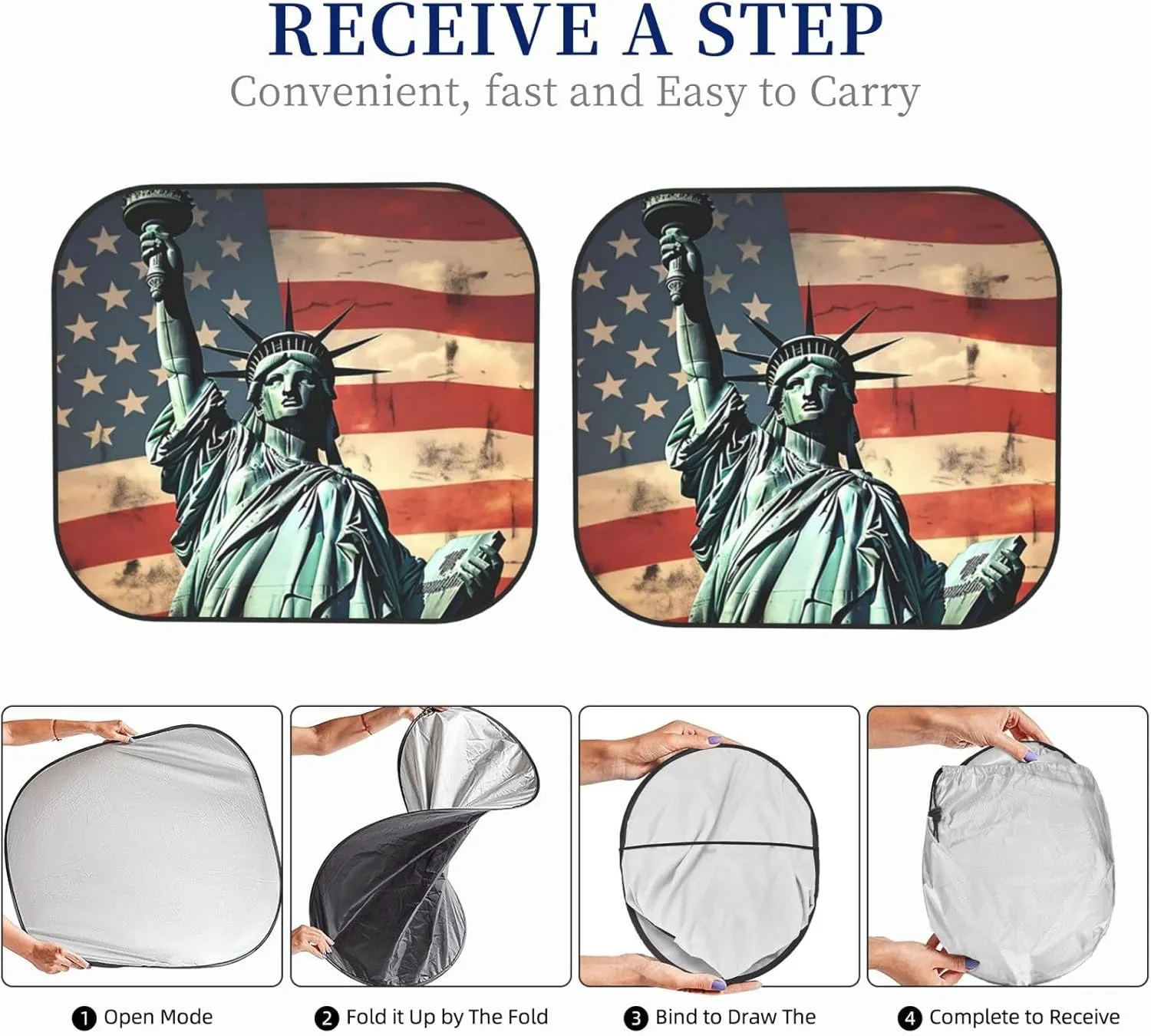 Statue Liberty American Flag Windshield Sun Shade 2 PCS Foldable Car Front Window Sunshade for Sun, Heat and UV Rays Auto Sun Blocker Visor Protector with Storage Bag for Cars, SUVs Large