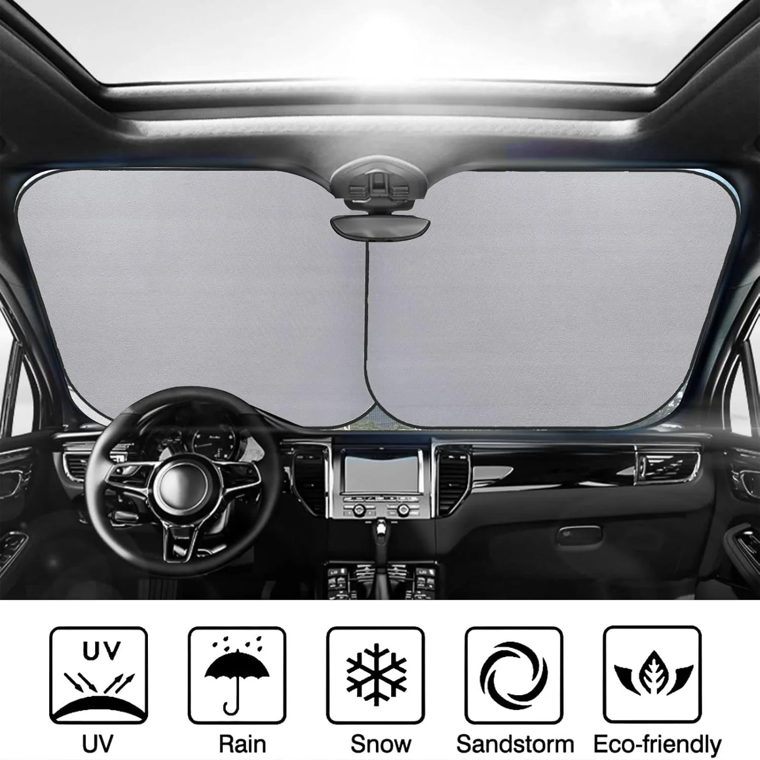 Statue Liberty American Flag Windshield Sun Shade 2 PCS Foldable Car Front Window Sunshade for Sun, Heat and UV Rays Auto Sun Blocker Visor Protector with Storage Bag for Cars, SUVs Large