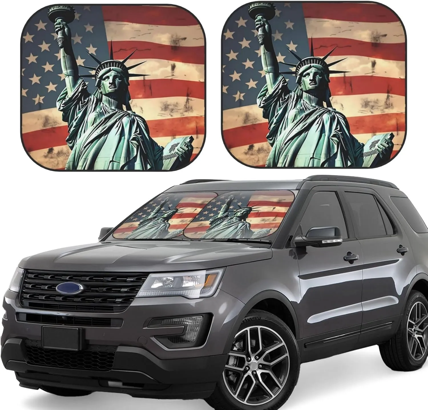 Statue Liberty American Flag Windshield Sun Shade 2 PCS Foldable Car Front Window Sunshade for Sun, Heat and UV Rays Auto Sun Blocker Visor Protector with Storage Bag for Cars, SUVs Large