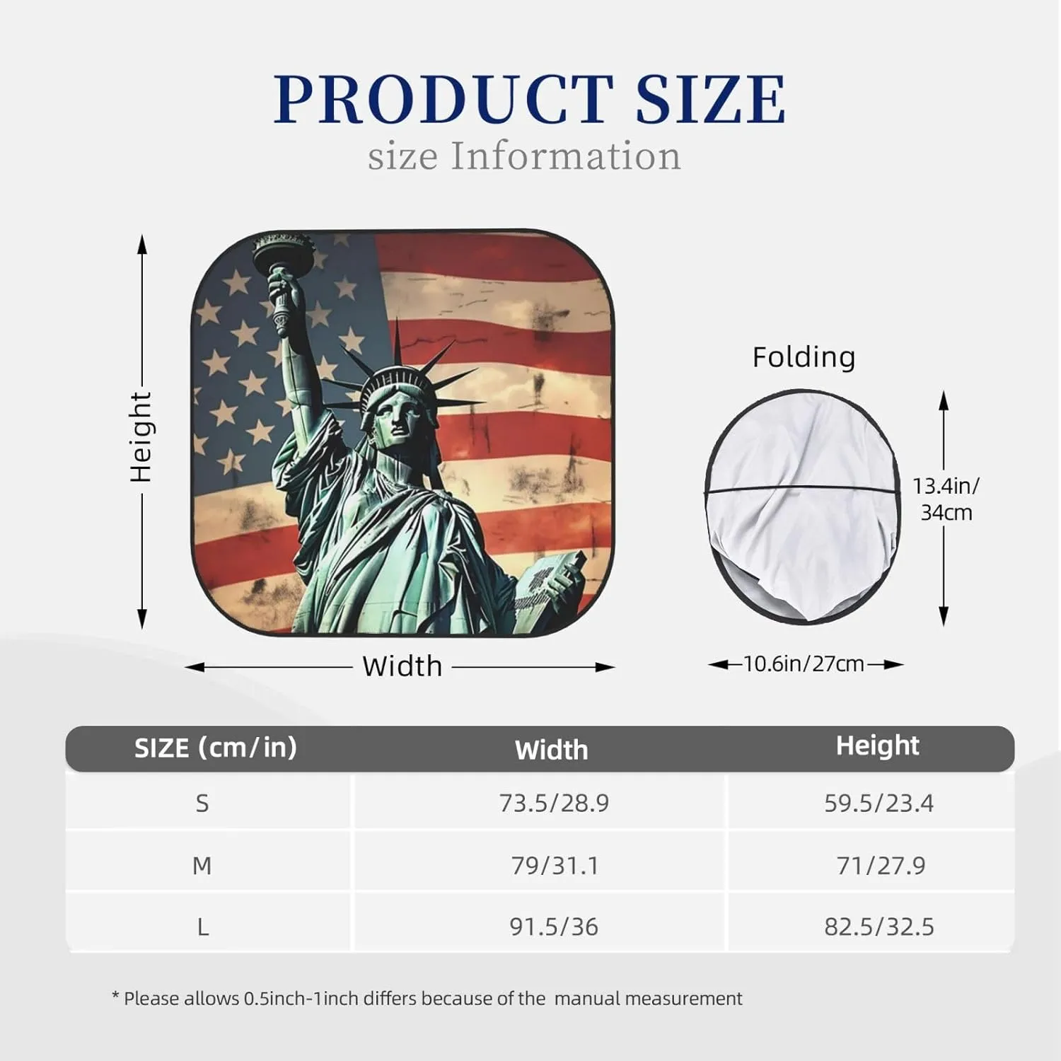 Statue Liberty American Flag Windshield Sun Shade 2 PCS Foldable Car Front Window Sunshade for Sun, Heat and UV Rays Auto Sun Blocker Visor Protector with Storage Bag for Cars, SUVs Large