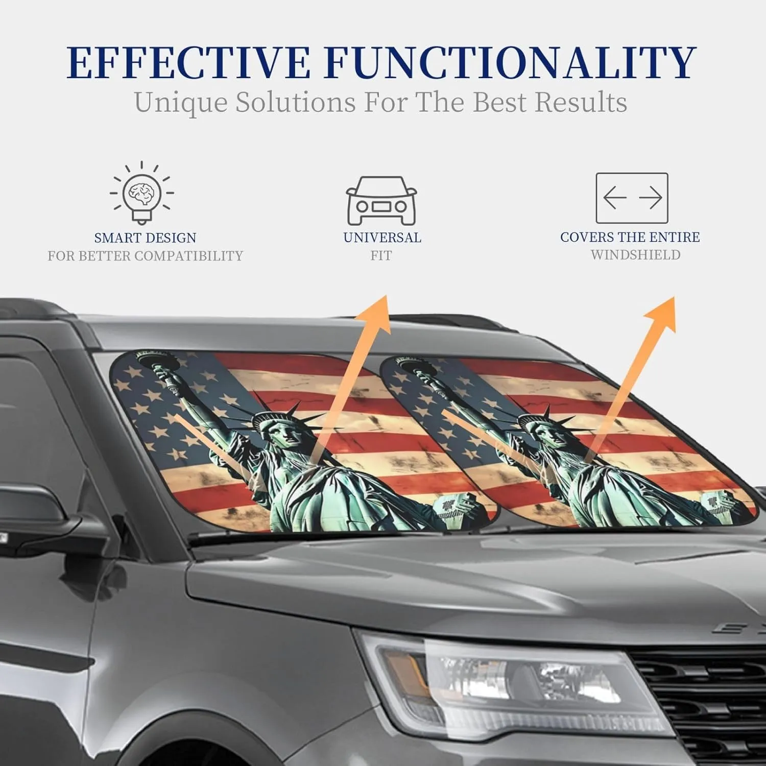 Statue Liberty American Flag Windshield Sun Shade 2 PCS Foldable Car Front Window Sunshade for Sun, Heat and UV Rays Auto Sun Blocker Visor Protector with Storage Bag for Cars, SUVs Large