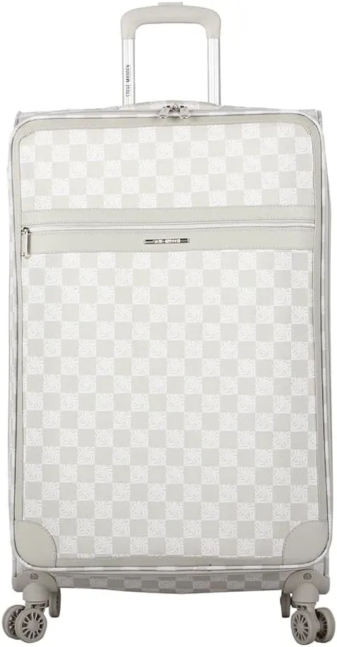 Steve Madden Designer Luggage - Checked Large 28 Inch Softside Suitcase - Expandable for Extra Packing Capacity - Lightweight Bag with Rolling Spinner Wheels (Chalet Light Grey, 28in)
