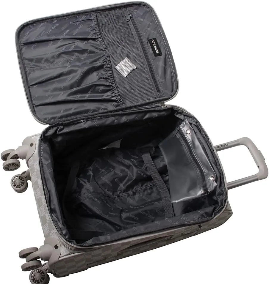 Steve Madden Designer Luggage - Checked Large 28 Inch Softside Suitcase - Expandable for Extra Packing Capacity - Lightweight Bag with Rolling Spinner Wheels (Chalet Light Grey, 28in)