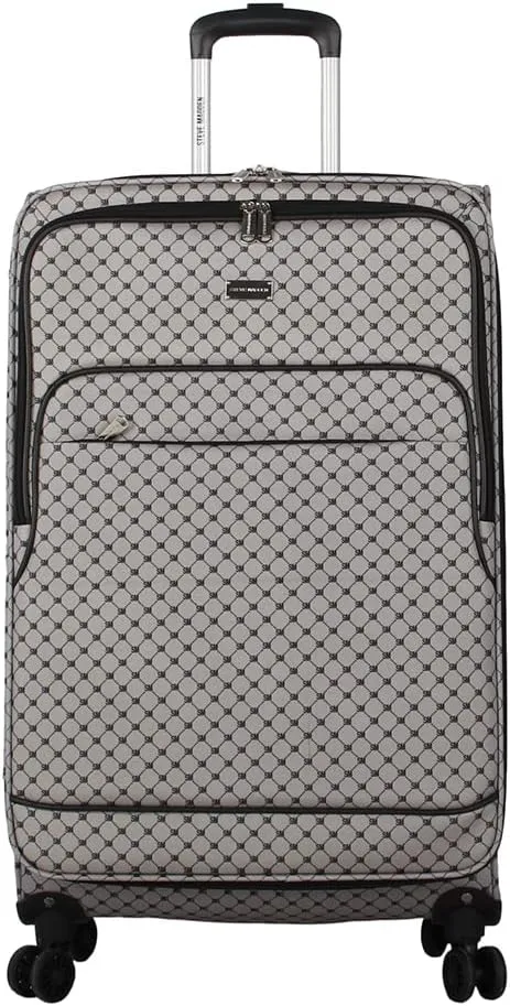 Steve Madden Designer Luggage - Checked Large 28 Inch Softside Suitcase - Expandable for Extra Packing Capacity - Lightweight Bag with Rolling Spinner Wheels (Noble Black/Grey, 28in)