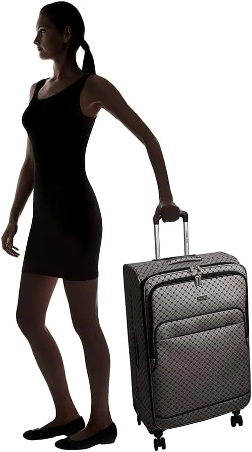 Steve Madden Designer Luggage - Checked Large 28 Inch Softside Suitcase - Expandable for Extra Packing Capacity - Lightweight Bag with Rolling Spinner Wheels (Noble Black/Grey, 28in)