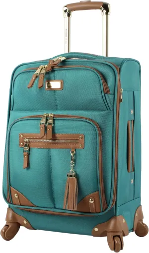 Steve Madden Designer Luggage Collection - Lightweight 24 Inch Expandable Softside Suitcase - Mid-size Rolling 4-Spinner Wheels Checked Bag (Harlo Teal Blue)