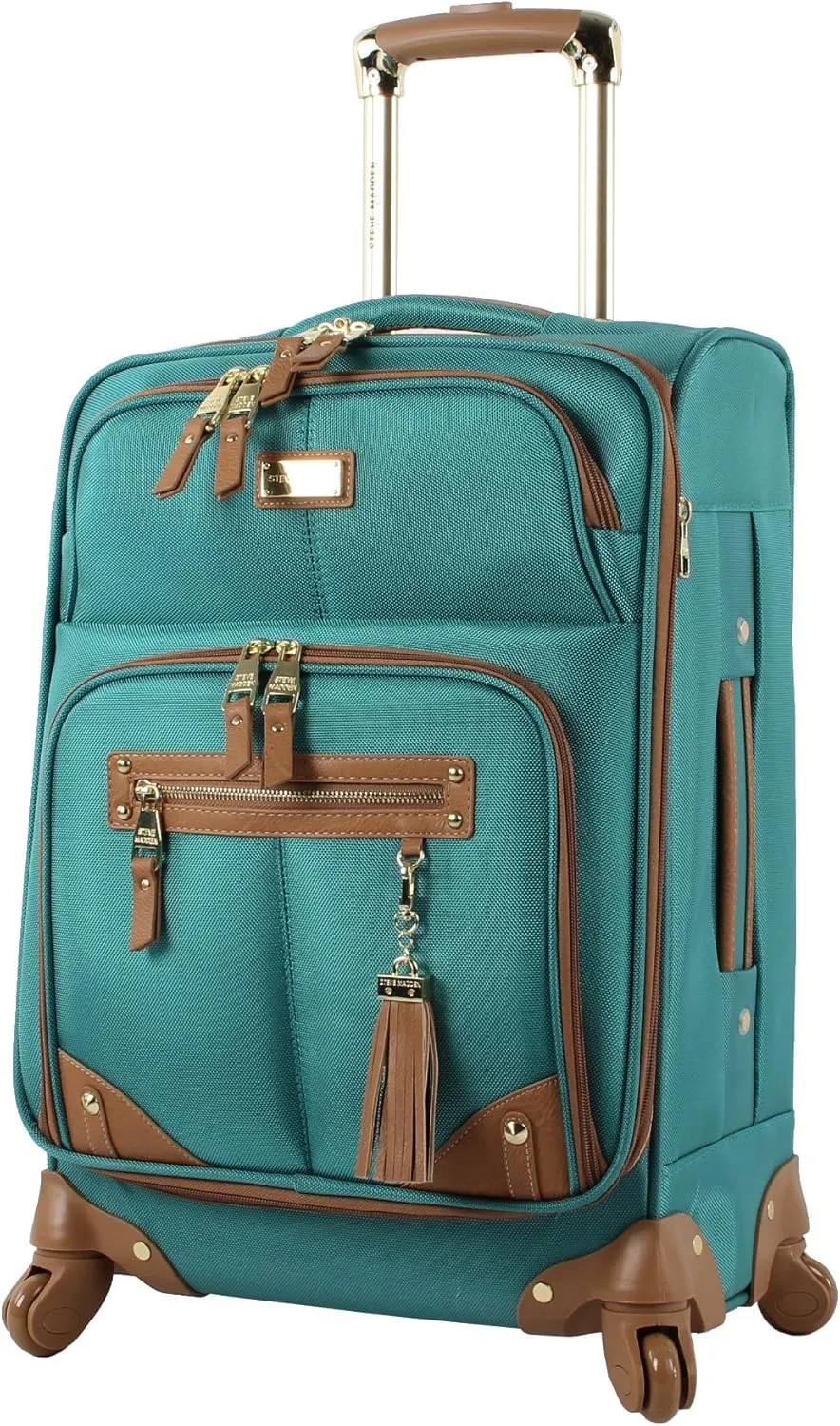 Steve Madden Designer Luggage Collection - Lightweight 24 Inch Expandable Softside Suitcase - Mid-size Rolling 4-Spinner Wheels Checked Bag (Harlo Teal Blue)