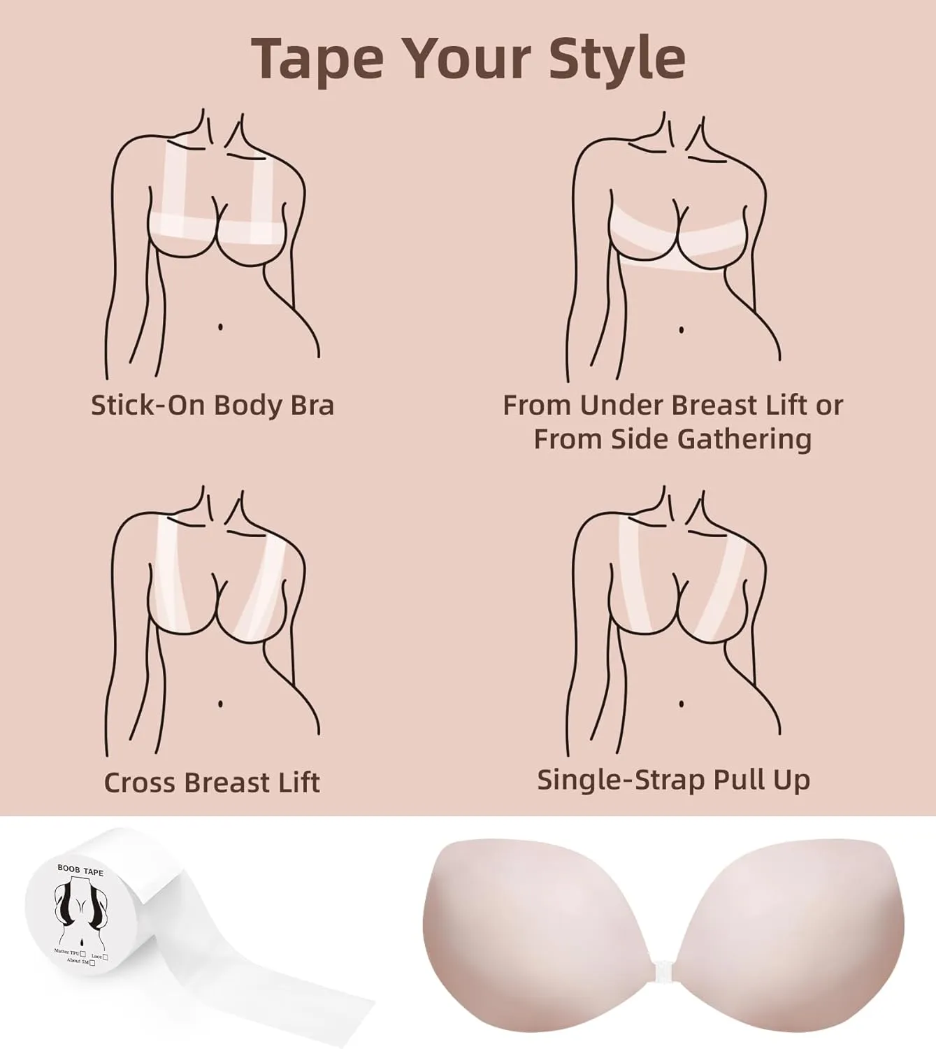 Strapless Sticky Bra Push Up-Silicone Large Adhesive Backless Bra, Stick on Breast Bra Waterproof Invisible Boob Tape 2 Pairs