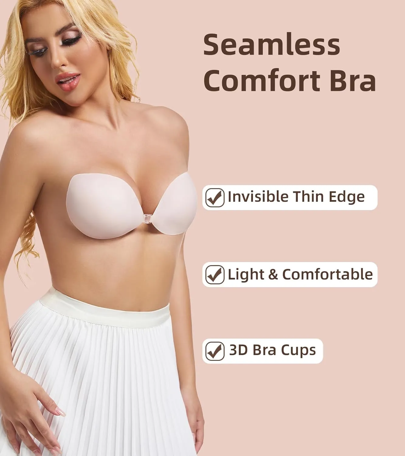 Strapless Sticky Bra Push Up-Silicone Large Adhesive Backless Bra, Stick on Breast Bra Waterproof Invisible Boob Tape 2 Pairs