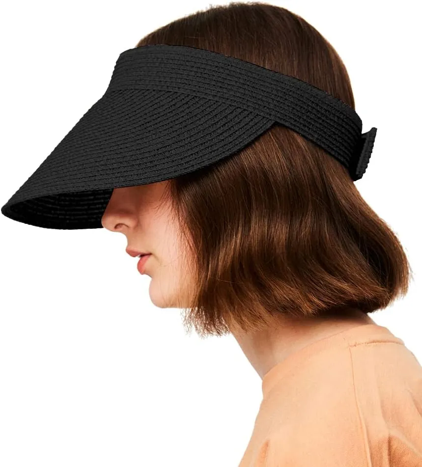 Straw Sun Visor Caps Roll Up Foldable Beach Hat Summer UV Protection UPF 50  for Outdoor Sports Activities