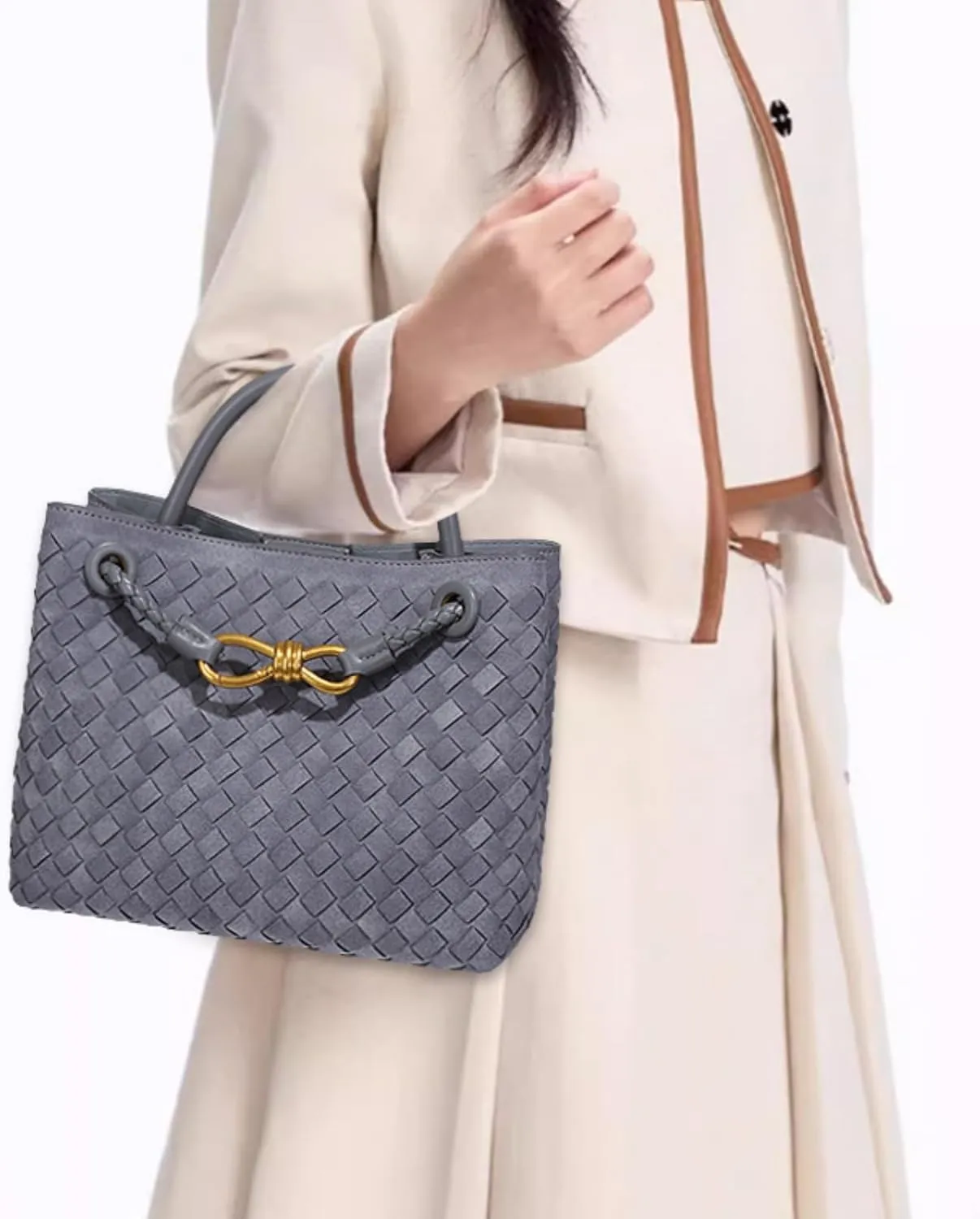 Suede Woven Tote Bag for Women, Top-handle Suede Woven Hobo Clutch Leather Crossbody Purse Shoulder Satchel Handbag