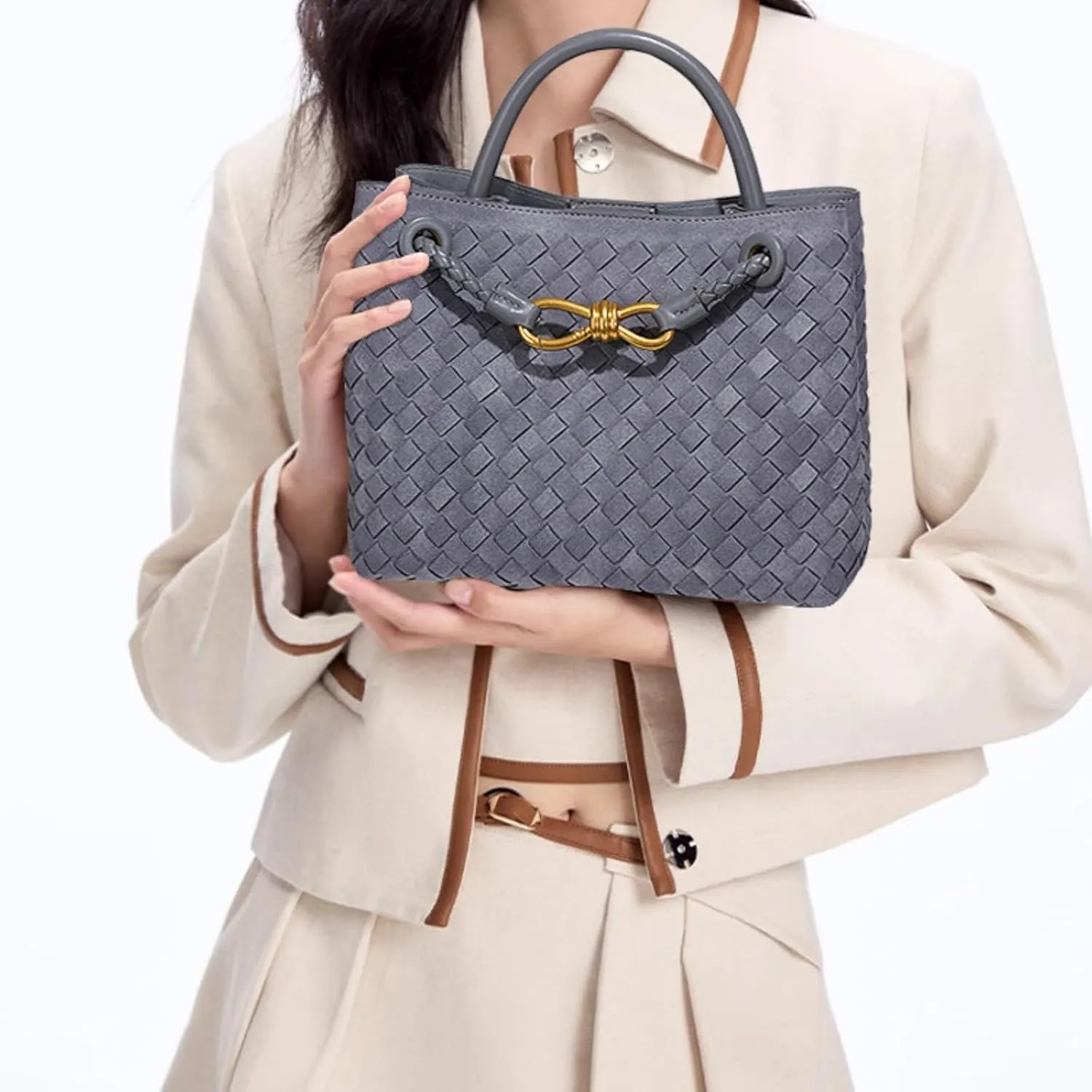 Suede Woven Tote Bag for Women, Top-handle Suede Woven Hobo Clutch Leather Crossbody Purse Shoulder Satchel Handbag