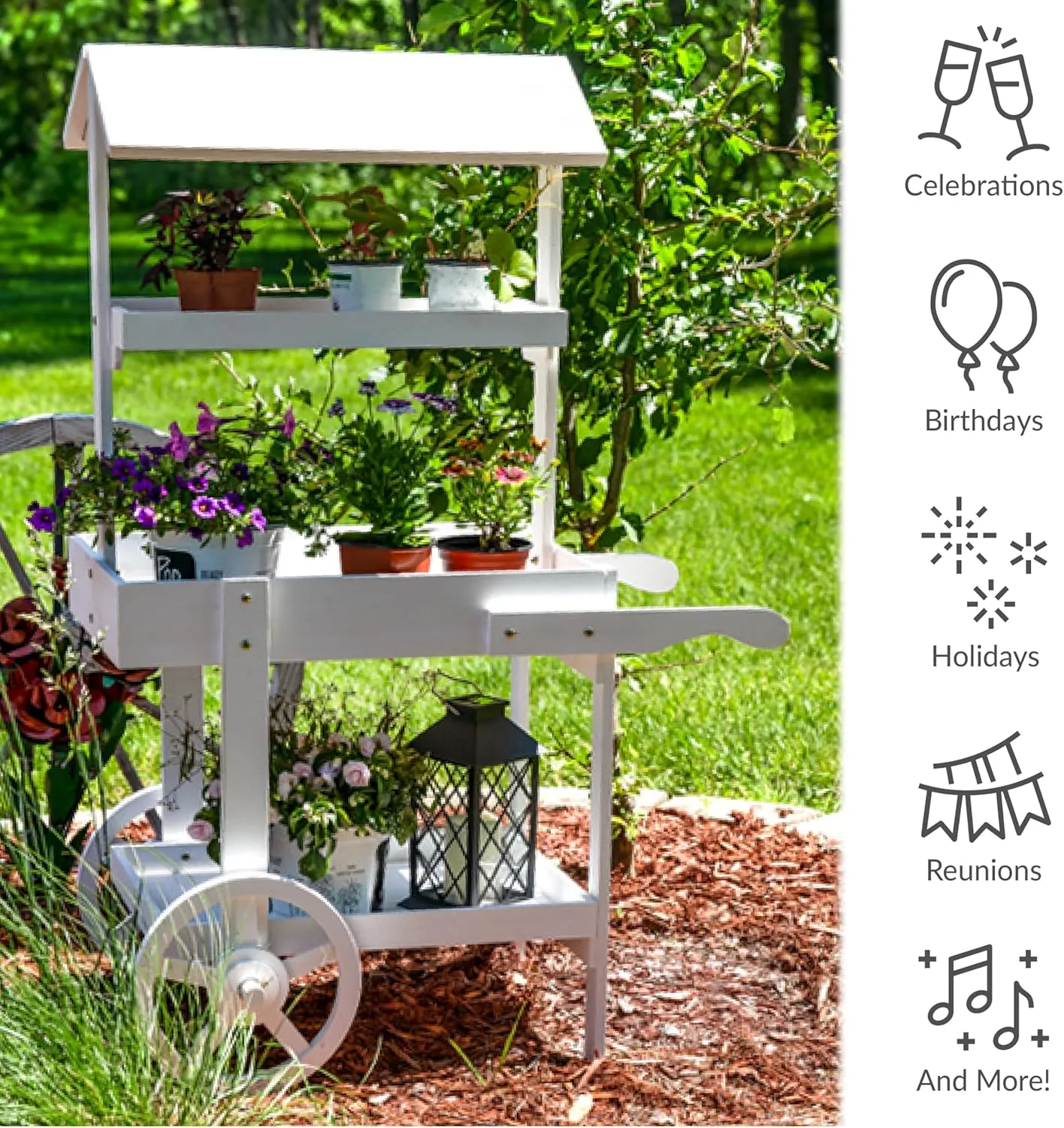 Sunnydaze Flower Cart Display Stand with Wheels - Dessert Candy Cart - Market Flower Display Stand - 2 Shelves - Fir Wood - White
