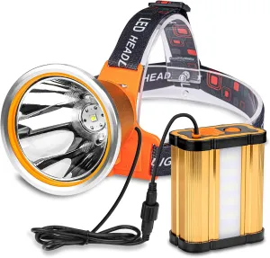 Superbright Bright Portable Rechargeable Headlight Powerful LED Headlamp Flashlight with 3 Light Modes External Battery Pack for Camping Biking Hunting Fishing (White Light)