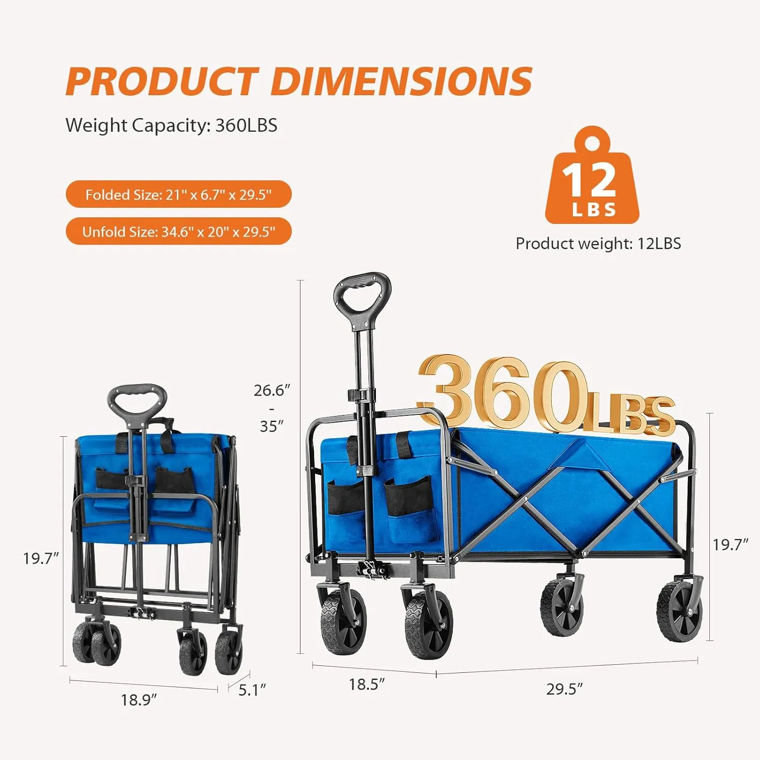 Sweetcrispy Collapsible Foldable Wagon Cart, Large Capacity Garden Beach Cart with All-Terrain Wheels, Heavy Duty Utility Grocery Wagon with Drink Holders for Shopping Sports Camping - 30IN Blue