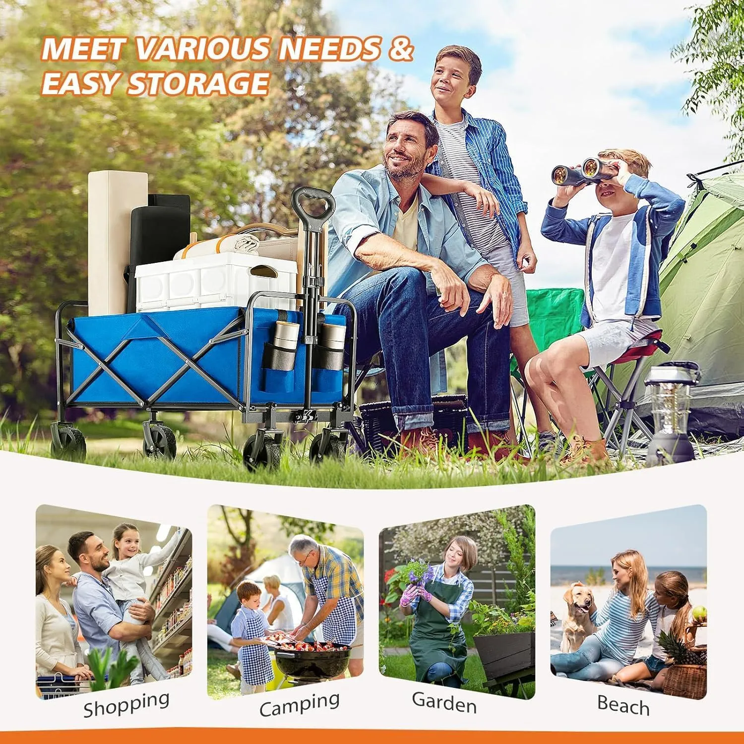 Sweetcrispy Collapsible Foldable Wagon Cart, Large Capacity Garden Beach Cart with All-Terrain Wheels, Heavy Duty Utility Grocery Wagon with Drink Holders for Shopping Sports Camping - 30IN Blue
