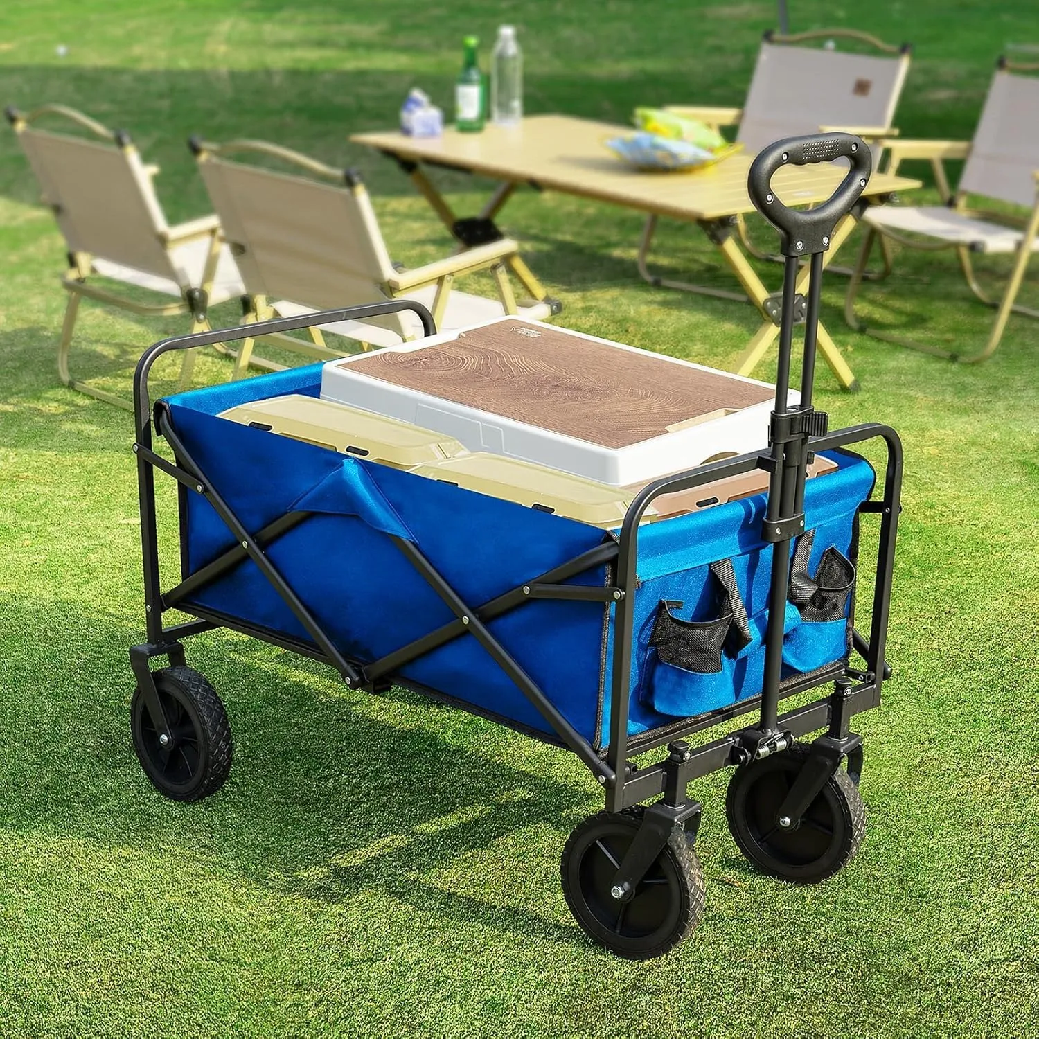 Sweetcrispy Collapsible Foldable Wagon Cart, Large Capacity Garden Beach Cart with All-Terrain Wheels, Heavy Duty Utility Grocery Wagon with Drink Holders for Shopping Sports Camping - 30IN Blue