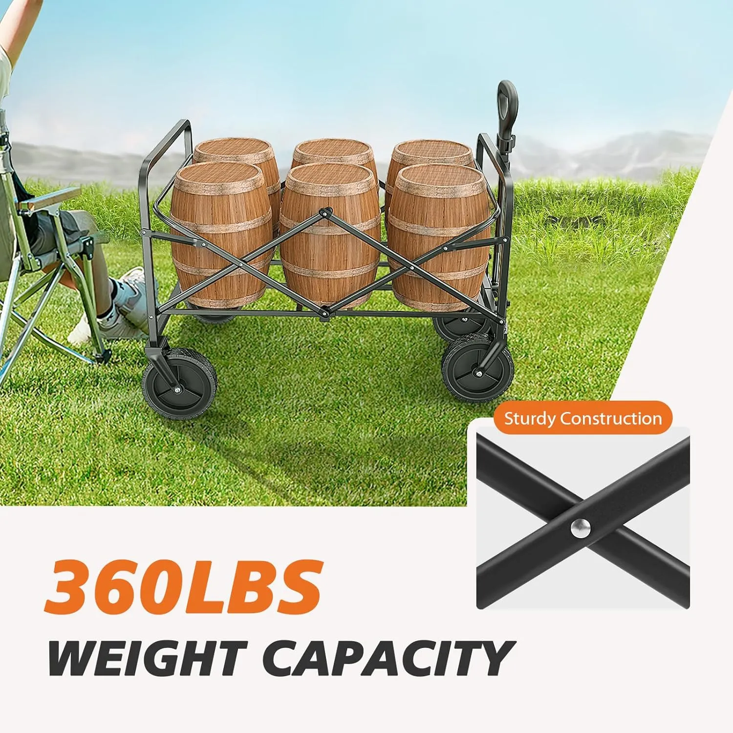 Sweetcrispy Collapsible Foldable Wagon Cart, Large Capacity Garden Beach Cart with All-Terrain Wheels, Heavy Duty Utility Grocery Wagon with Drink Holders for Shopping Sports Camping - 30IN Blue
