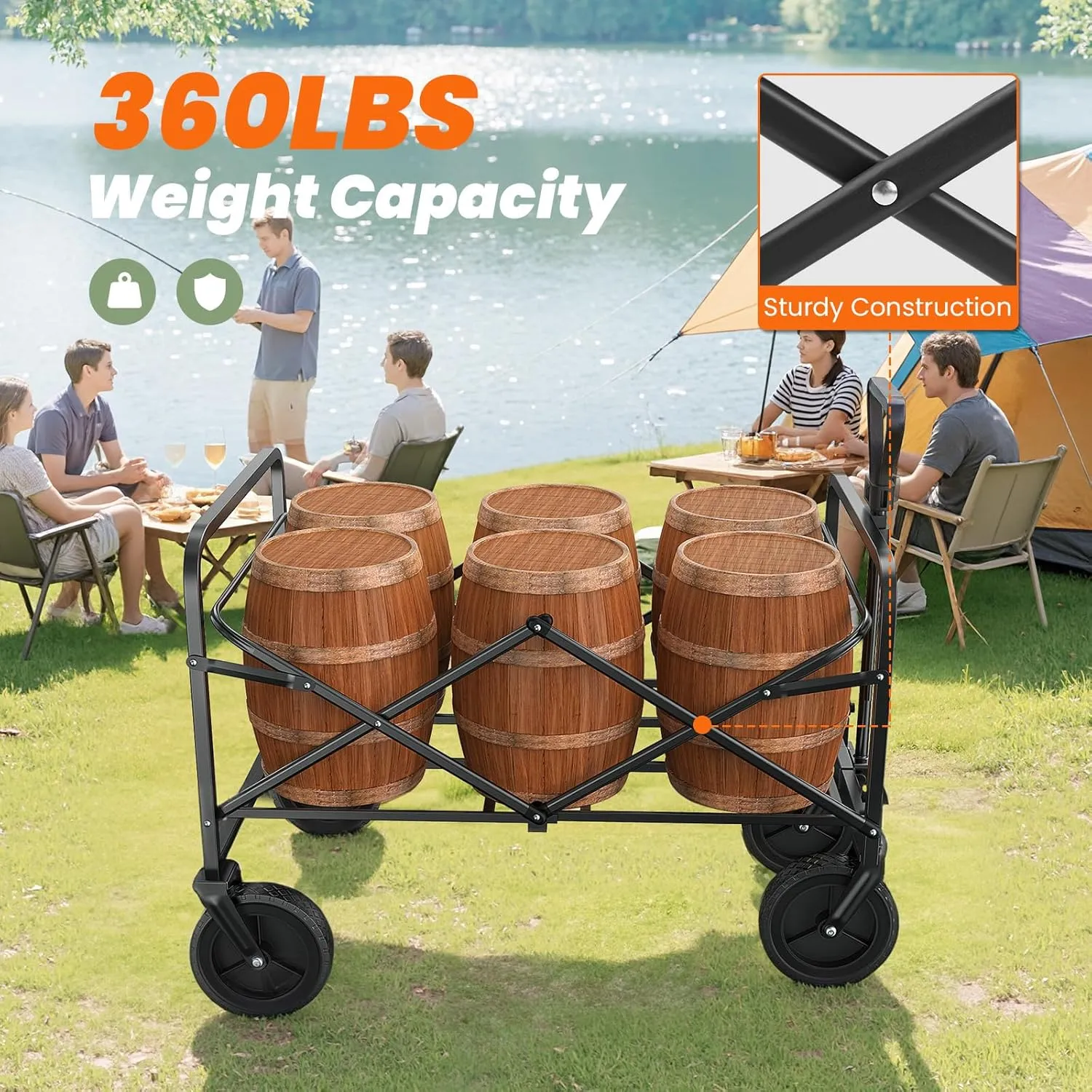 Sweetcrispy Foldable Wagon Cart, Collapsible Large Capacity Garden Beach Cart with All-Terrain Wheels, Heavy Duty Utility Grocery Wagon with Drink Holders for Shopping Sports Camping