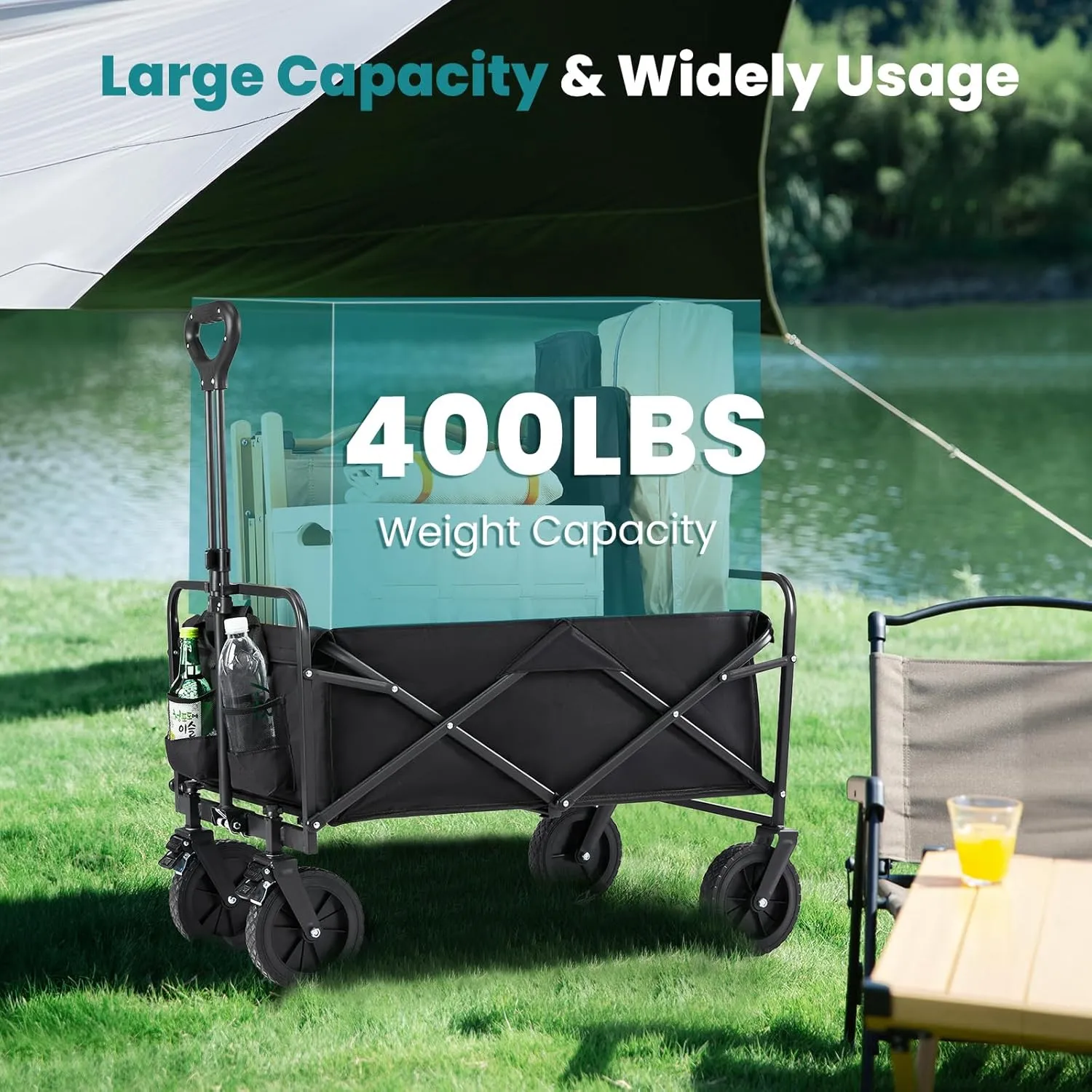 Sweetcrispy Foldable Wagon Cart, Collapsible Large Capacity Garden Beach Cart with All-Terrain Wheels, Heavy Duty Utility Grocery Wagon with Drink Holders for Shopping Sports Camping