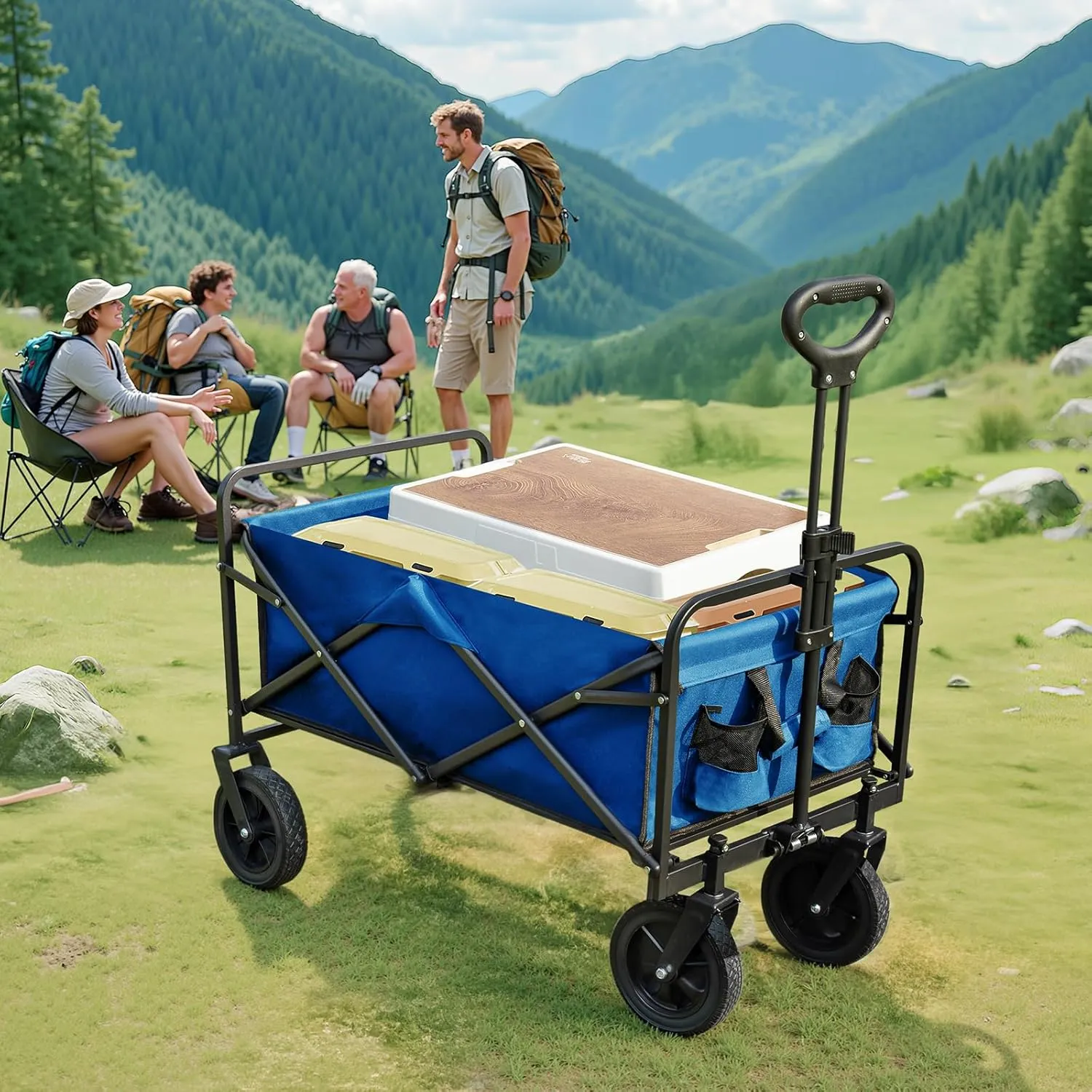 Sweetcrispy Foldable Wagon Cart, Collapsible Large Capacity Garden Beach Cart with All-Terrain Wheels, Heavy Duty Utility Grocery Wagon with Drink Holders for Shopping Sports Camping