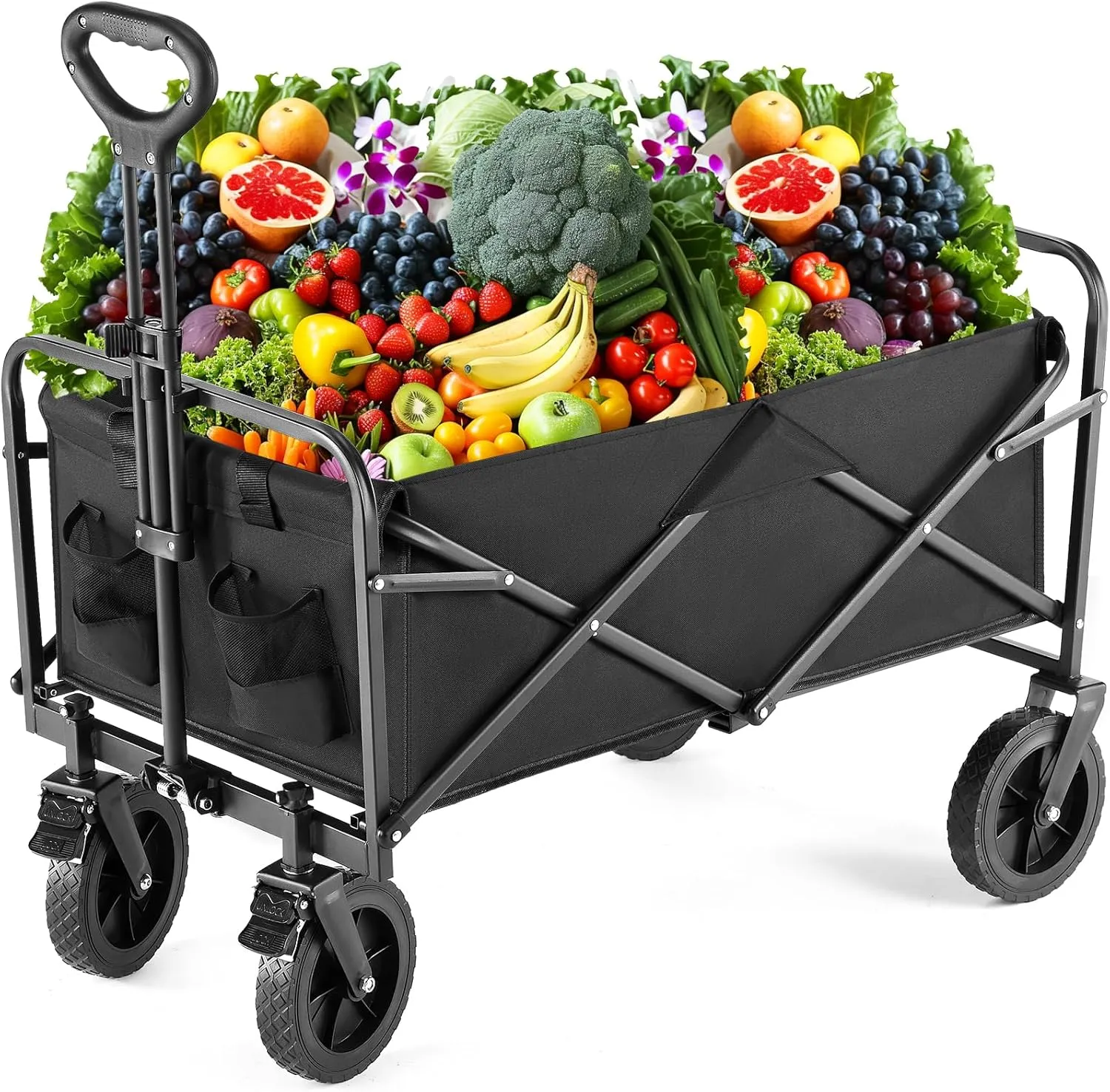 Sweetcrispy Foldable Wagon Cart, Collapsible Large Capacity Garden Beach Cart with All-Terrain Wheels, Heavy Duty Utility Grocery Wagon with Drink Holders for Shopping Sports Camping