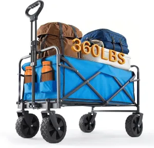 Sweetcrispy Foldable Wagon Cart, Collapsible Large Capacity Garden Beach Cart with All-Terrain Wheels, Heavy Duty Utility Grocery Wagon with Drink Holders for Shopping Sports Camping
