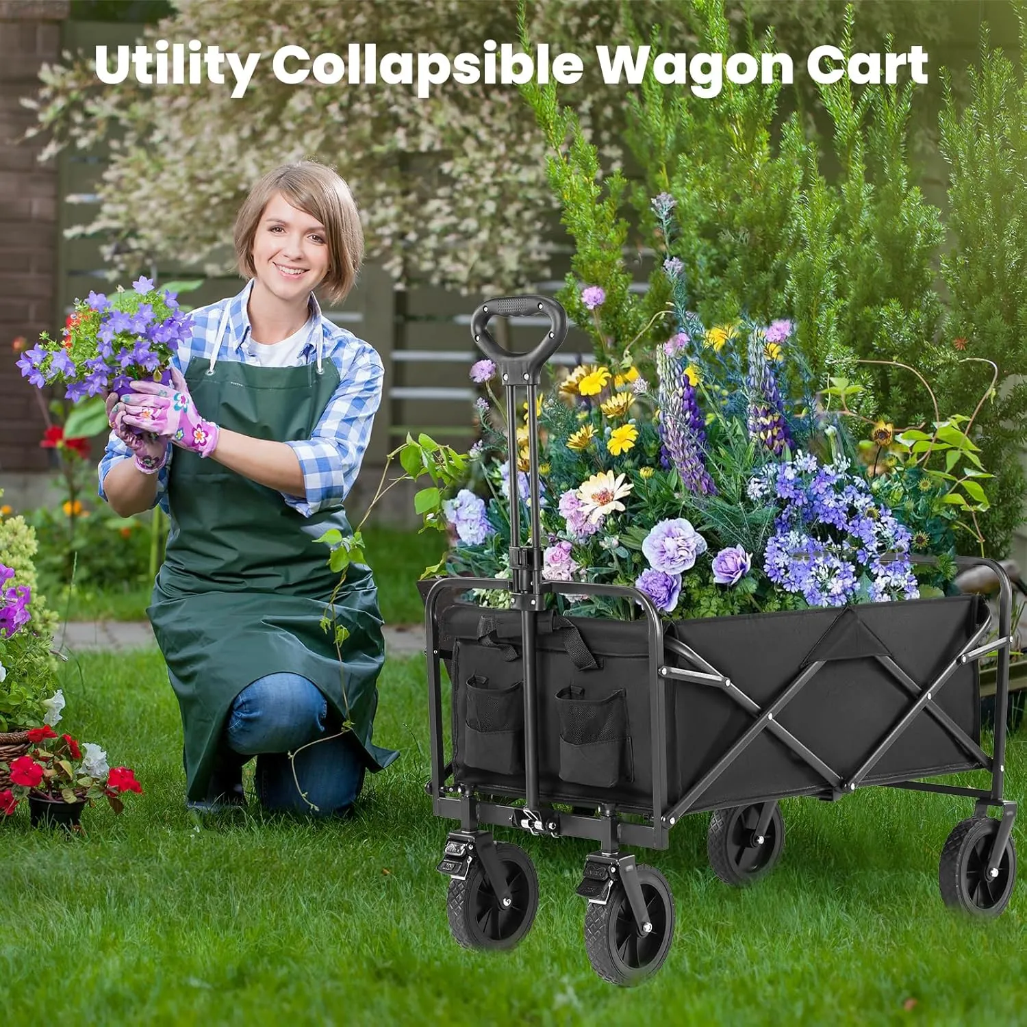 Sweetcrispy Foldable Wagon Cart, Collapsible Large Capacity Garden Beach Cart with All-Terrain Wheels, Heavy Duty Utility Grocery Wagon with Drink Holders for Shopping Sports Camping