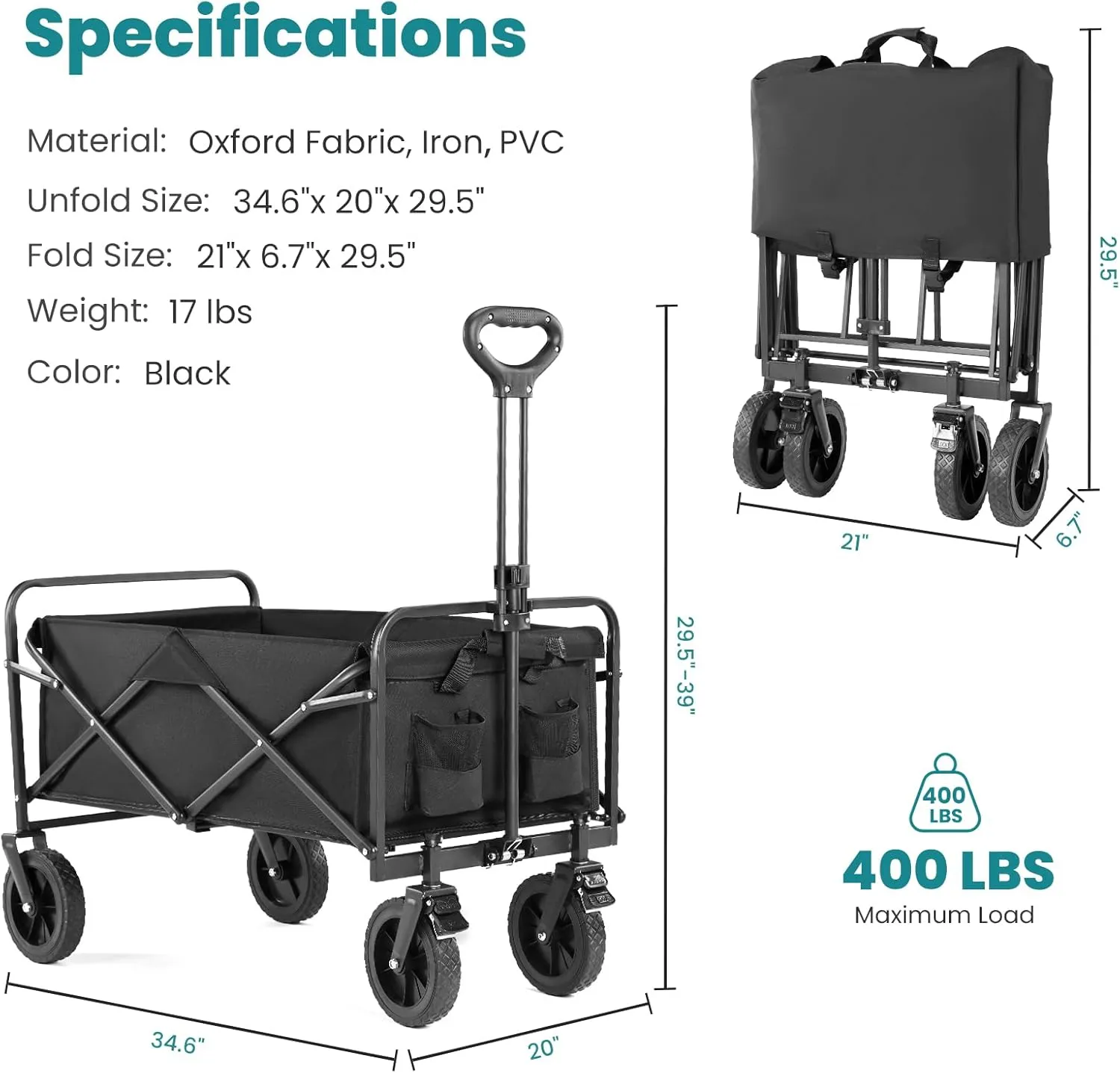 Sweetcrispy Foldable Wagon Cart, Collapsible Large Capacity Garden Beach Cart with All-Terrain Wheels, Heavy Duty Utility Grocery Wagon with Drink Holders for Shopping Sports Camping