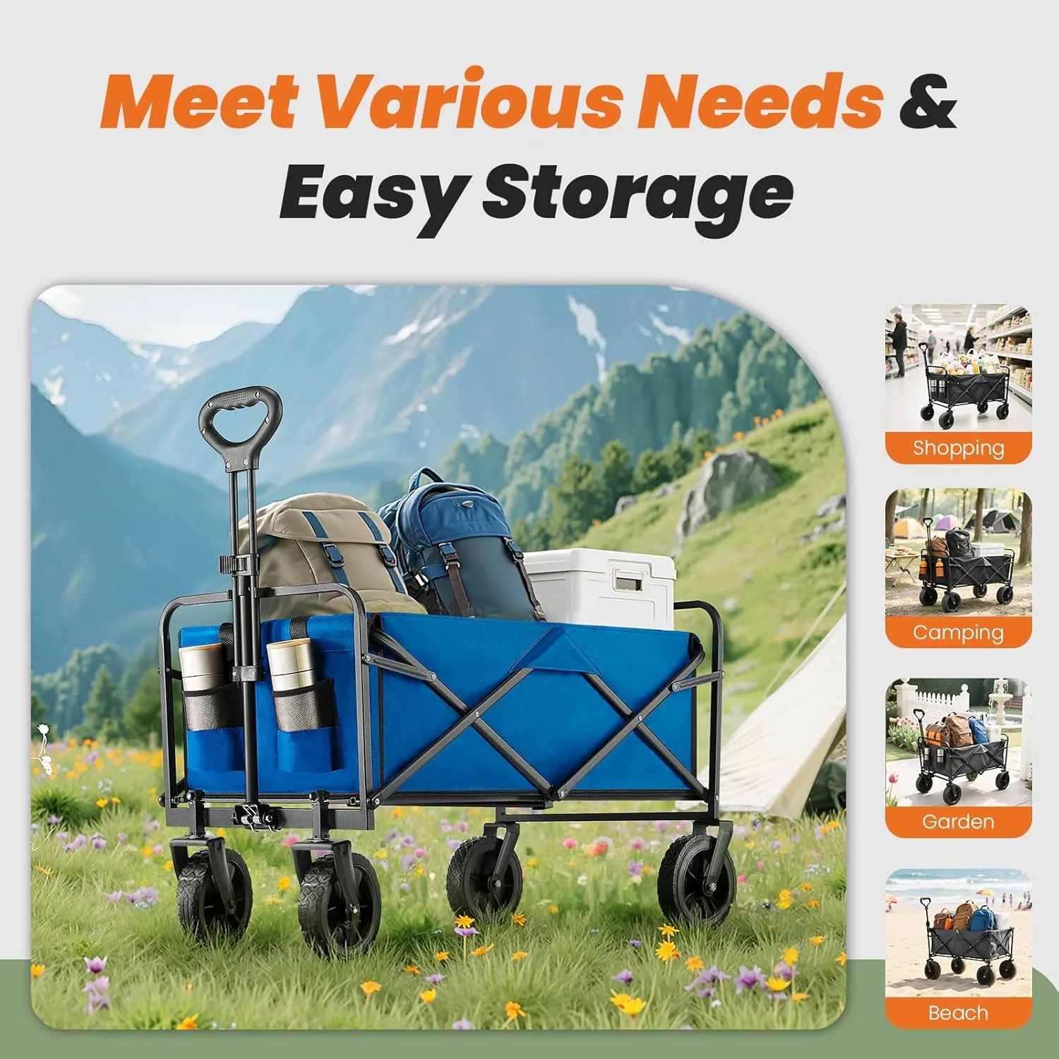 Sweetcrispy Foldable Wagon Cart, Collapsible Large Capacity Garden Beach Cart with All-Terrain Wheels, Heavy Duty Utility Grocery Wagon with Drink Holders for Shopping Sports Camping