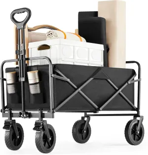 Sweetcrispy Foldable Wagon Cart, Collapsible Large Capacity Garden Beach Cart with All-Terrain Wheels, Heavy Duty Utility Grocery Wagon with Drink Holders for Shopping Sports Camping