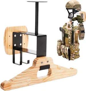 Tactical Gear Wall Mount, Wooden Motorcycle Helmet Holder Stand, Heavy Duty Helmet Display Hanger, Multipurpose Jacket Rack for Police, Soccer, Cycling, Skiing Gears, Coats, Vets, Hats, Caps