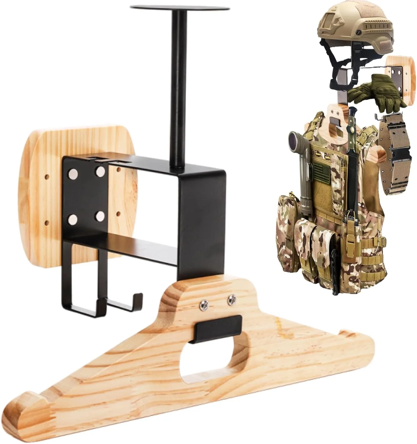Tactical Gear Wall Mount, Wooden Motorcycle Helmet Holder Stand, Heavy Duty Helmet Display Hanger, Multipurpose Jacket Rack for Police, Soccer, Cycling, Skiing Gears, Coats, Vets, Hats, Caps