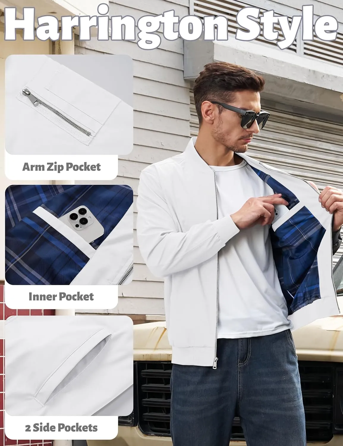 TACVASEN Men's Bomber Jacket Lightweight Windbreaker Plaid Lined Casual Fashion Spring Fall Windproof Zip Up Jacket for Men