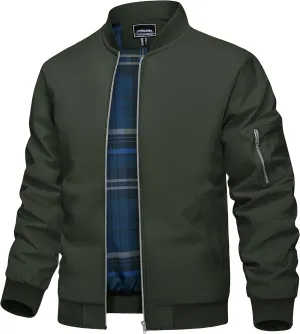 TACVASEN Men's Bomber Jacket Windproof Full Zip Up Windbreaker Plaid Lined Lightweight Casual Spring Fall Coat with 4 Pockets