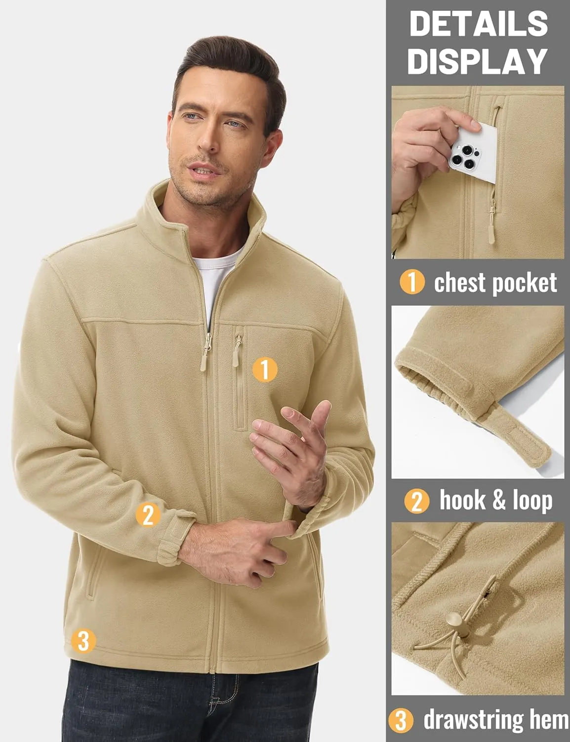TACVASEN Men's Polar Fleece Jacket Full Zip Lightweight Tactical Jacket with Pockets Winter Coats Warm Casual Hiking Outdoor