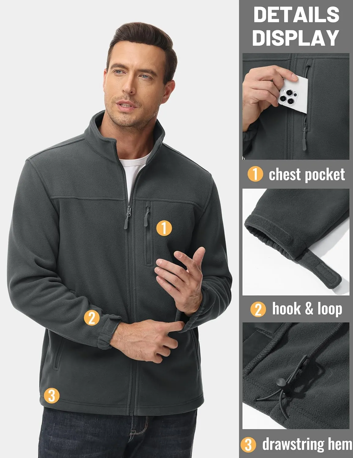 TACVASEN Men's Polar Fleece Jacket Full Zip Lightweight Tactical Jacket with Pockets Winter Coats Warm Casual Hiking Outdoor