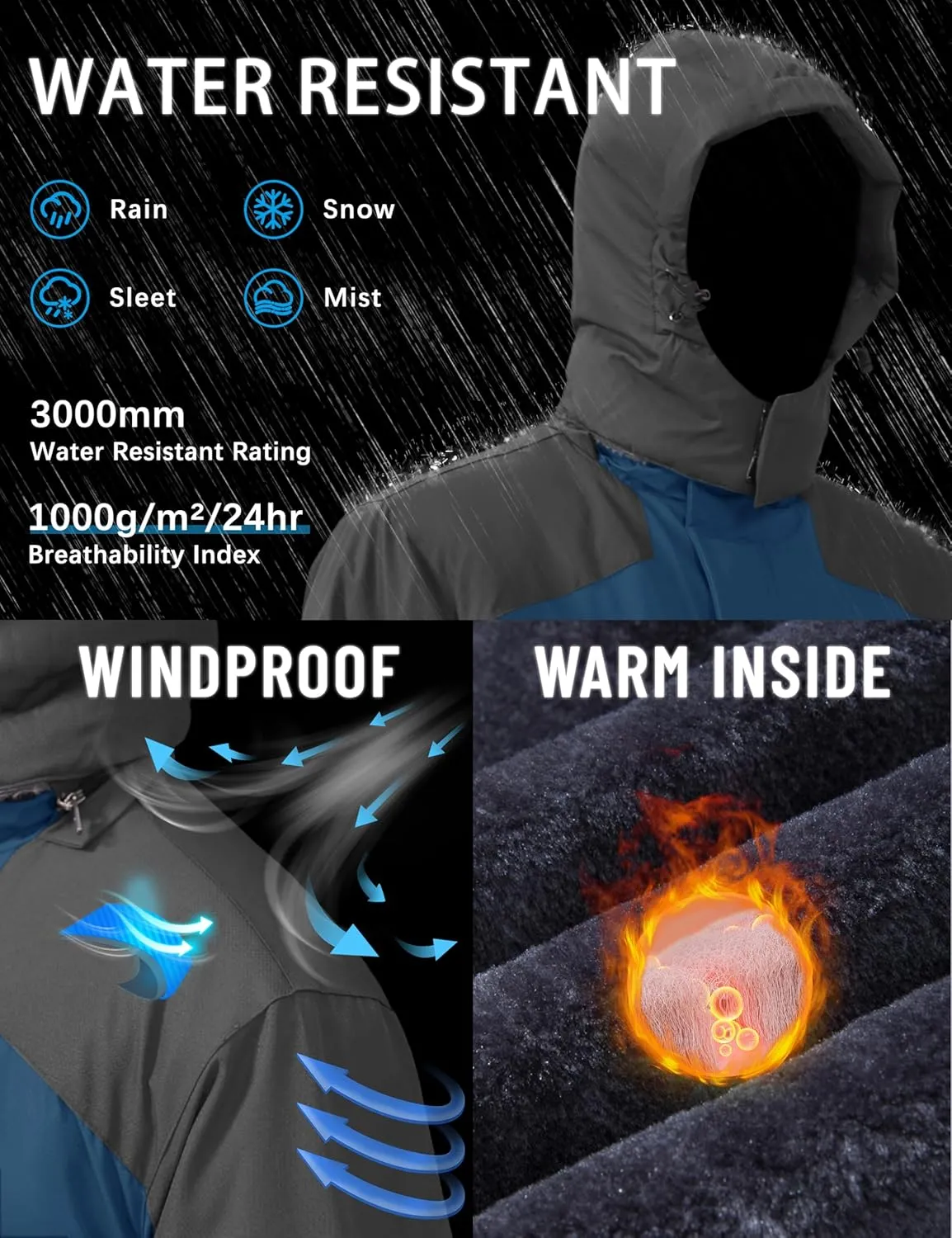 TACVASEN Winter Jacket Men's Water-Resistant Fleece Jacket Snow Ski Jacket Military Tactical Jacket Coat Parka Hood Raincoat