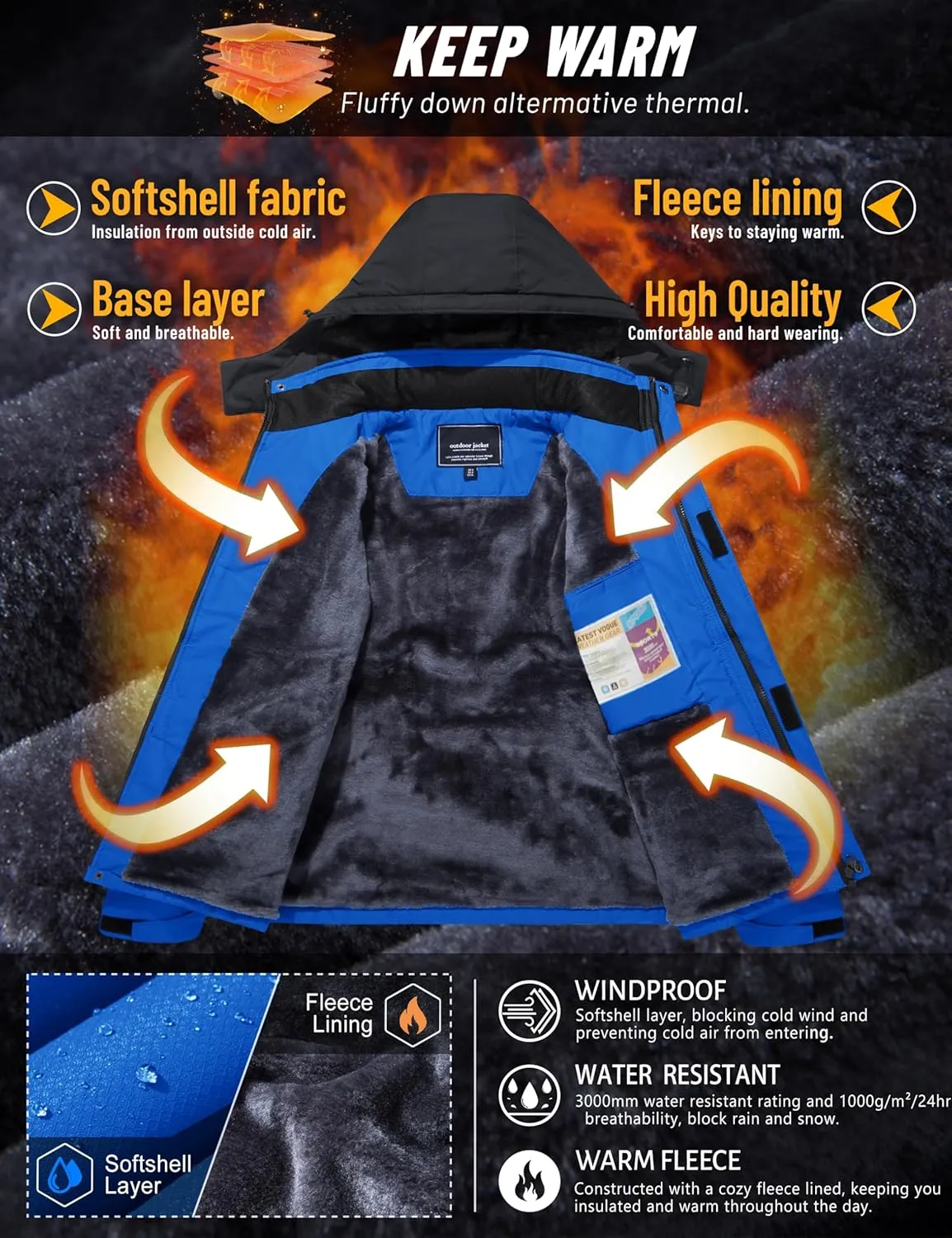 TACVASEN Winter Jacket Men's Water-Resistant Fleece Jacket Snow Ski Jacket Military Tactical Jacket Coat Parka Hood Raincoat