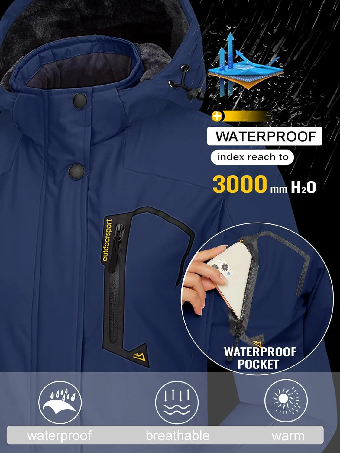 TACVASEN Women's Winter Jacket Waterproof Ski Jacket Hooded Fleece Lined Warm Snow Coat Mountain Windproof Rain Windbreaker