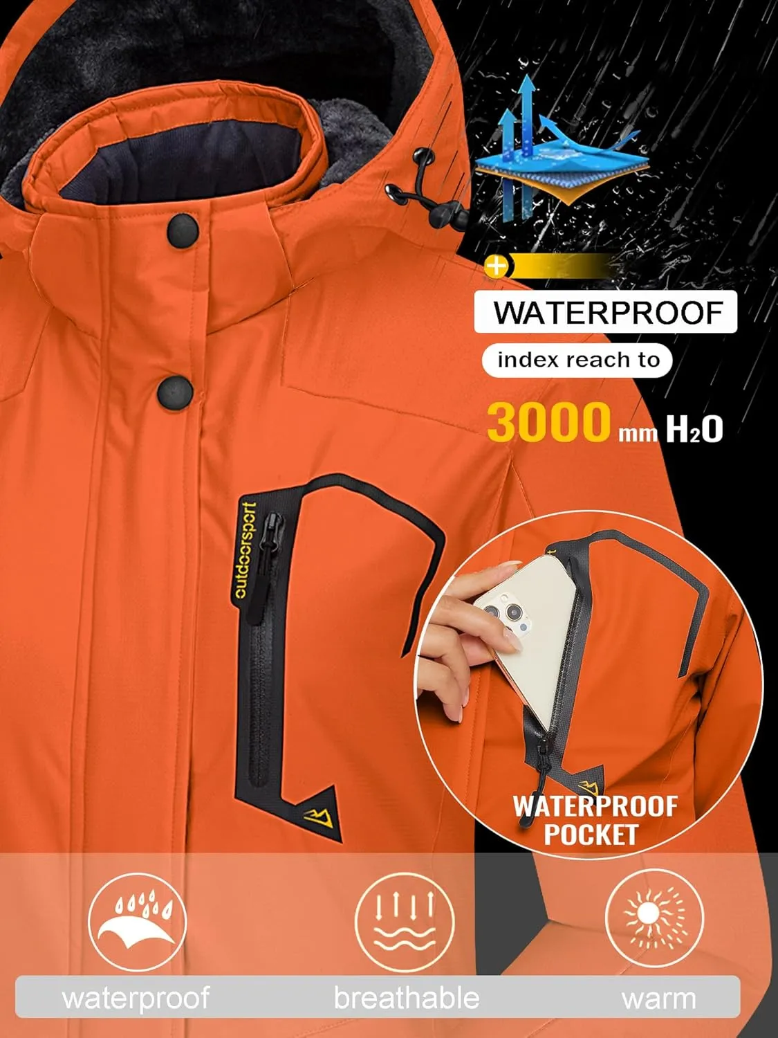 TACVASEN Women's Winter Jacket Waterproof Ski Jacket Hooded Fleece Lined Warm Snow Coat Mountain Windproof Rain Windbreaker