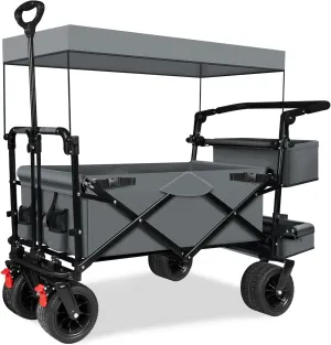 TAIFA Collapsible Foldable Wagon Cart with Removable Canopy, Push Pull Utility Beach Wagon with Big Wheels and Brakes for Sand Shopping Camping Outdoors, Gray.