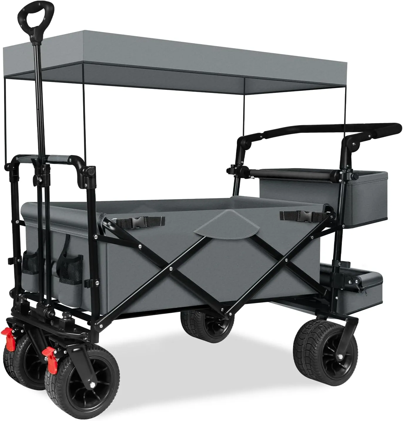 TAIFA Collapsible Foldable Wagon Cart with Removable Canopy, Push Pull Utility Beach Wagon with Big Wheels and Brakes for Sand Shopping Camping Outdoors, Gray.