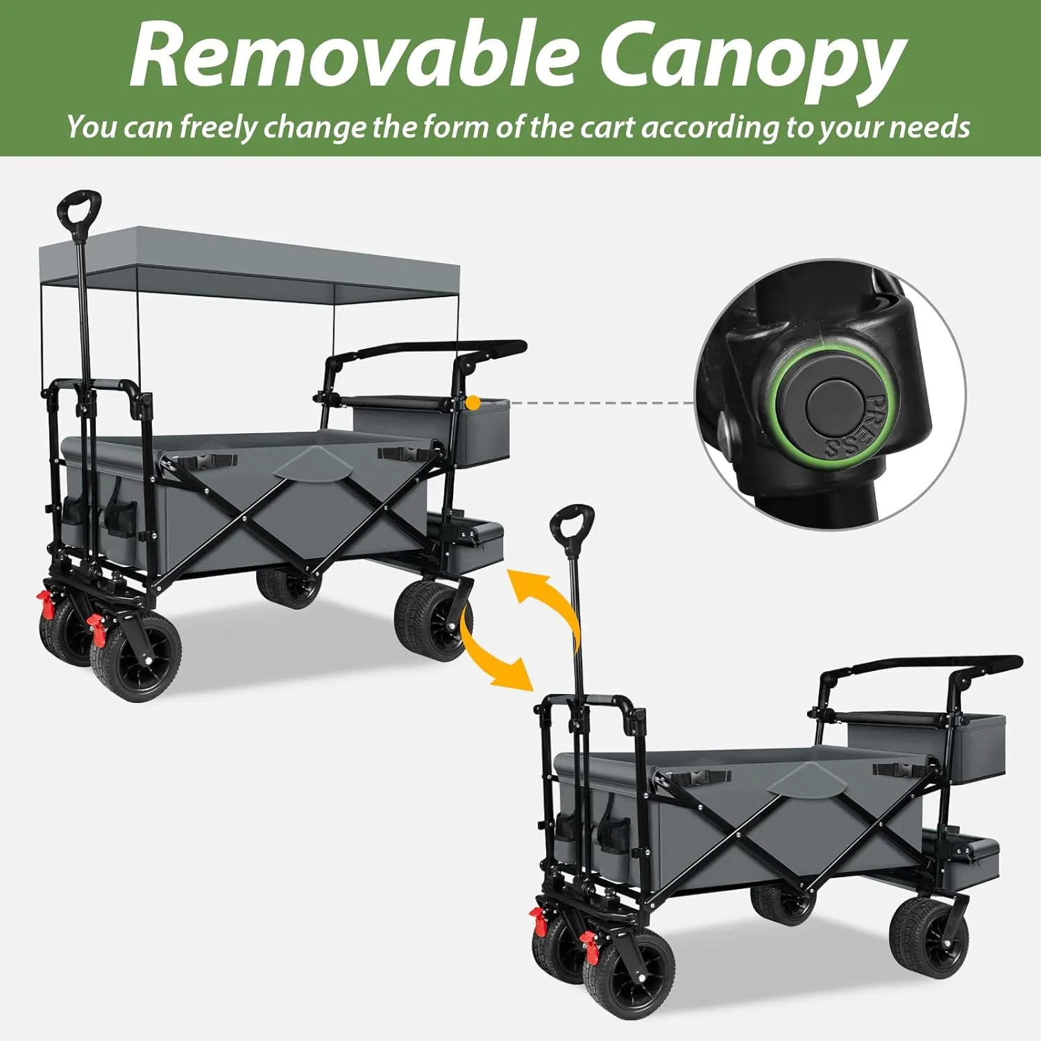 TAIFA Collapsible Foldable Wagon Cart with Removable Canopy, Push Pull Utility Beach Wagon with Big Wheels and Brakes for Sand Shopping Camping Outdoors, Gray.