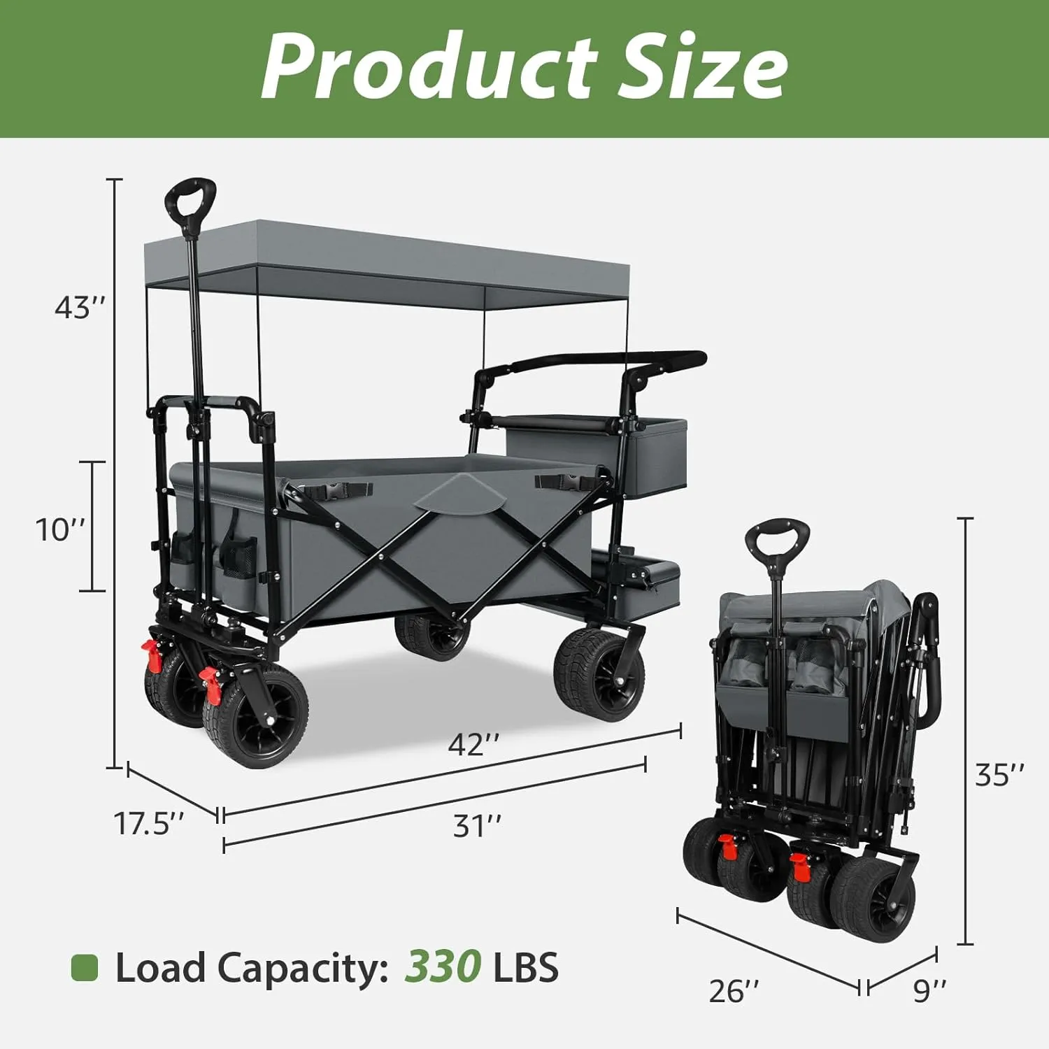 TAIFA Collapsible Foldable Wagon Cart with Removable Canopy, Push Pull Utility Beach Wagon with Big Wheels and Brakes for Sand Shopping Camping Outdoors, Gray.