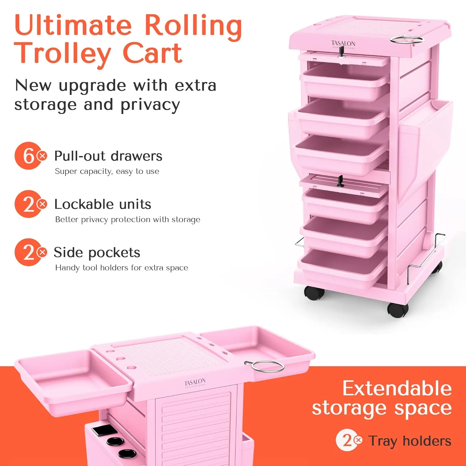 TASALON Professional Salon Trolley Cart, Lockable 6 Trays & 2 Holders, Space Saving Mobile Storage for Hair Salon and Beauty Station​ - Pink
