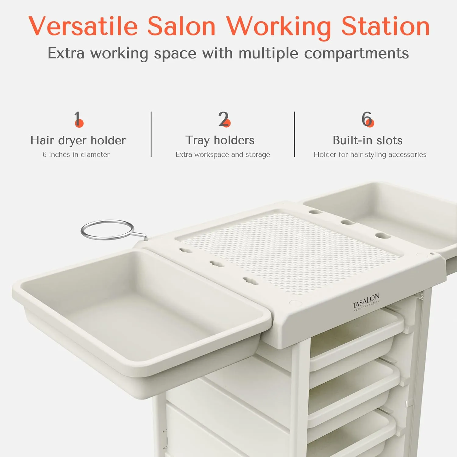TASALON Salon Trolley Cart for Salon Station - Space Saving Salon Rolling Cart for Extra Storage - Hair Salon Beauty Cart - 6-Tray Salon Cart - Multipurpose Tool Cart - Tattoo Tray-White