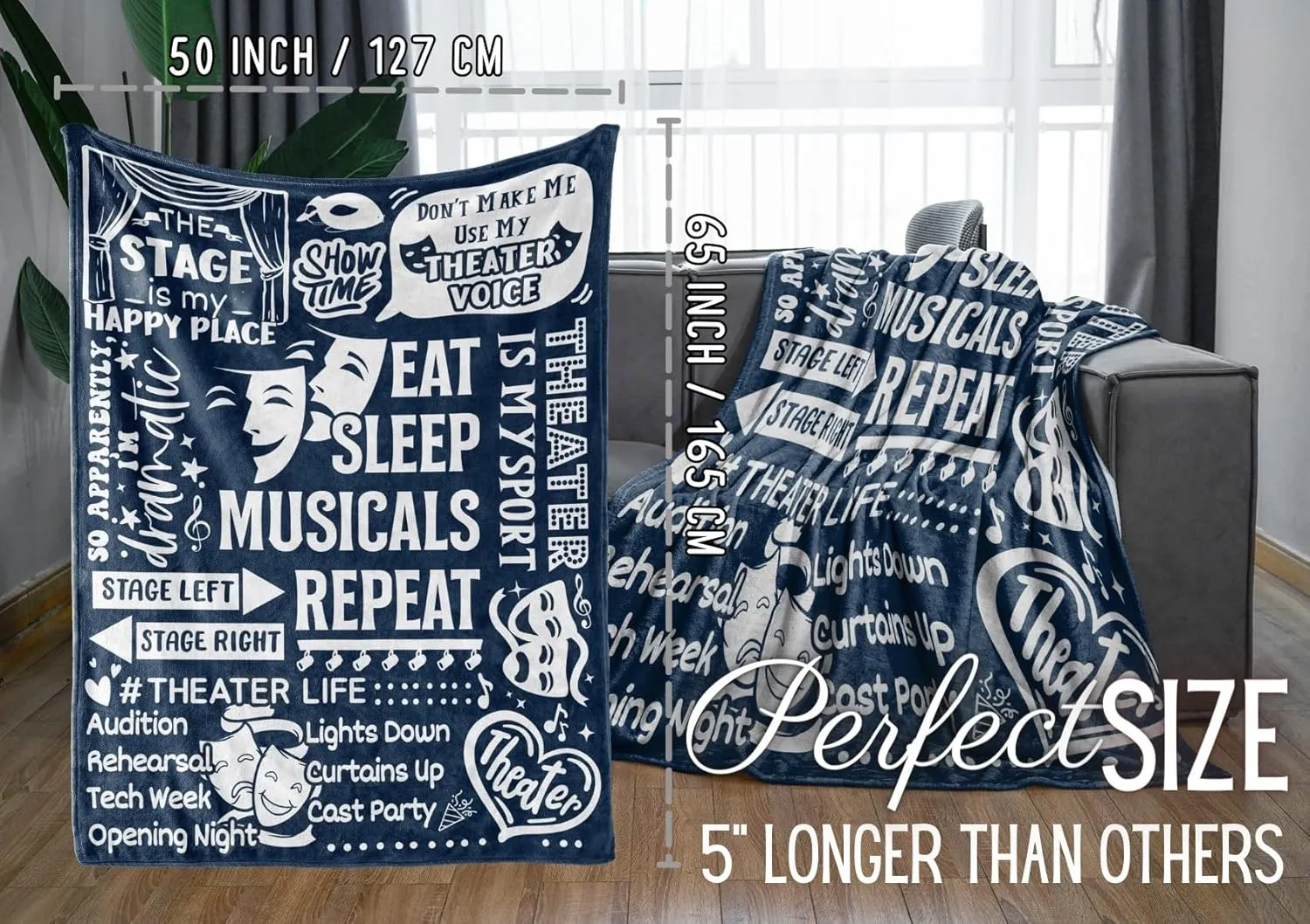 Theater Gifts Blanket for Girls, Women - 50" x 65" Throw Blanket - Birthday Gifts for Broadway Theater Lovers - Blue